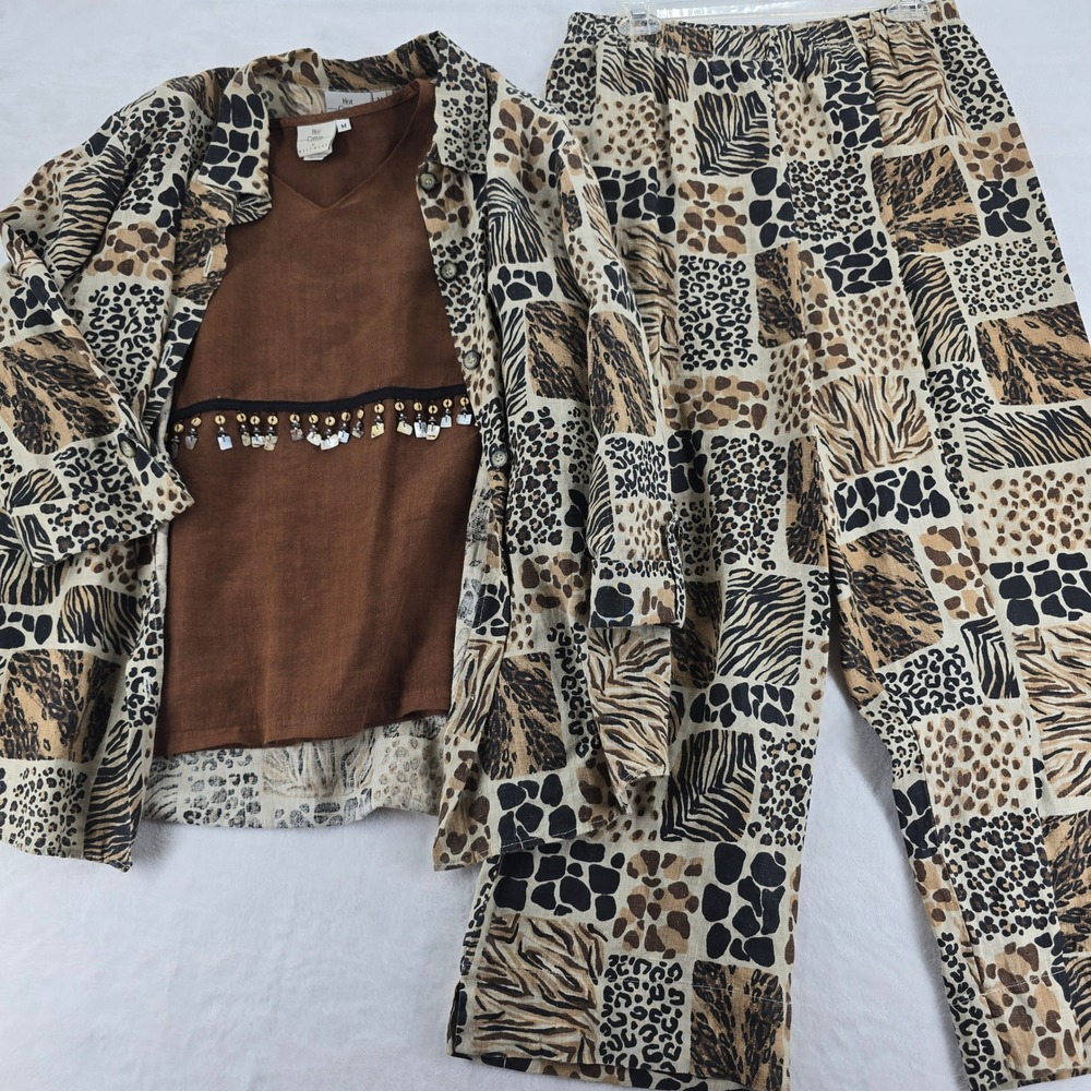 Hot‎ Cotton Pant Set Womens Medium 3pc Linen Brown Animal Print Mixed Media